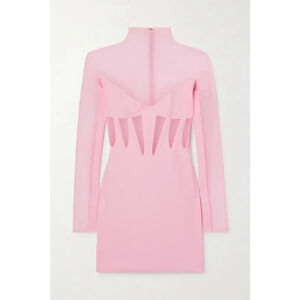 MUGLER Tulle-Paneled Stretch-Jersey Mini Dress Pink Women’s Size 40 US 8 Bodycon